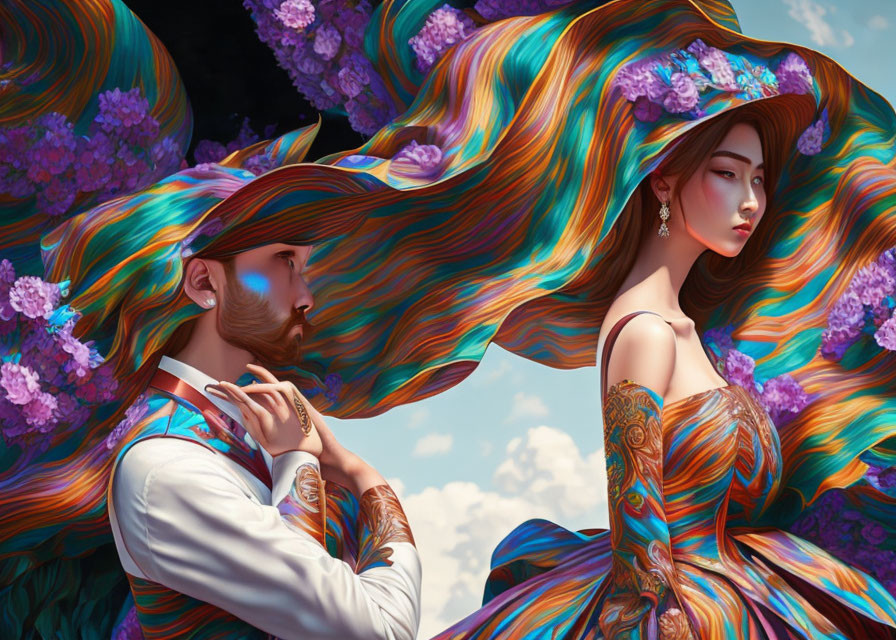 Stylized man and woman with colorful hair among purple flowers in digital artwork