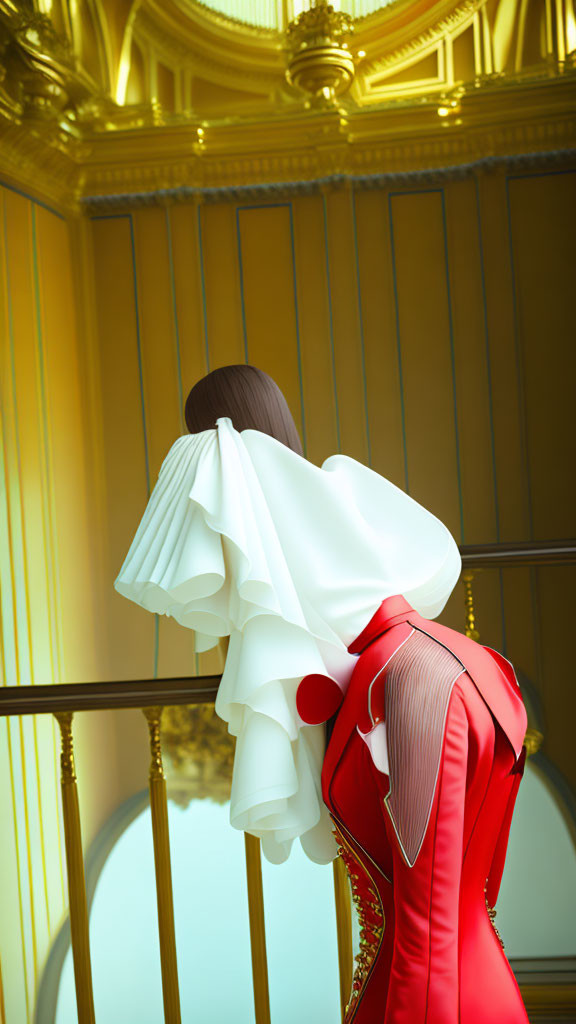 Elegant person in red dress on balcony with white ruffled collar