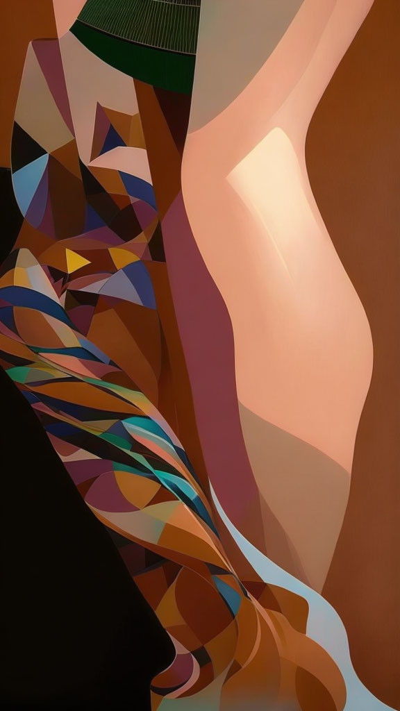 Geometric Artwork: Green, Brown, Peach Shapes Resembling Human Form