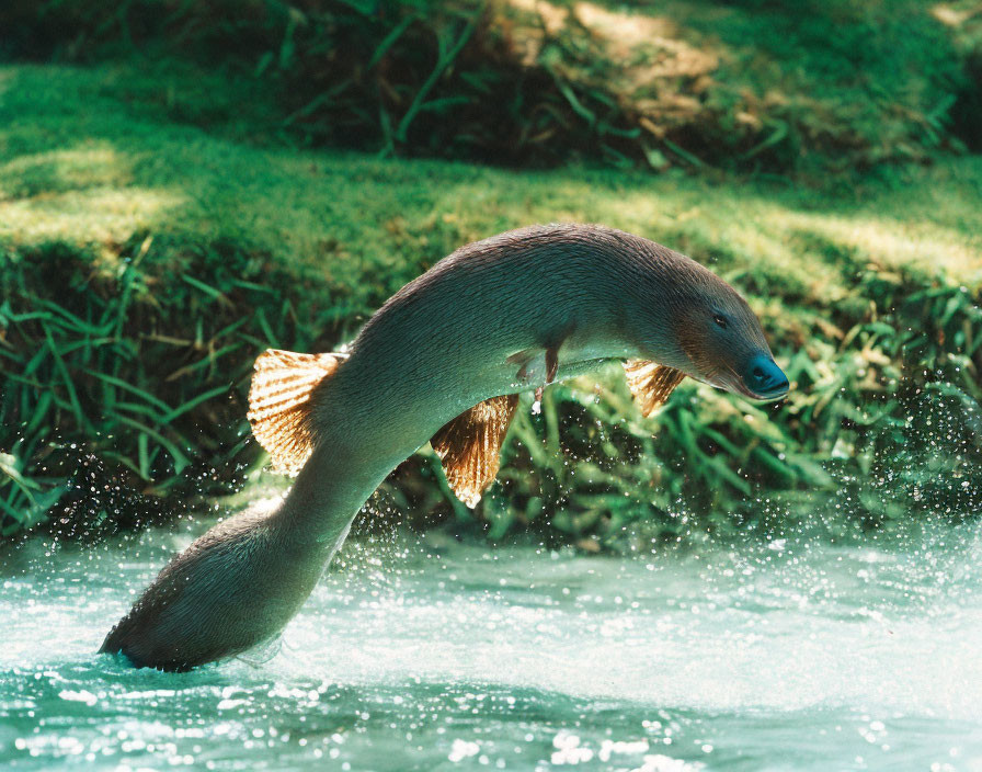 Otter mid-leap over water with glistening droplets in sunlight