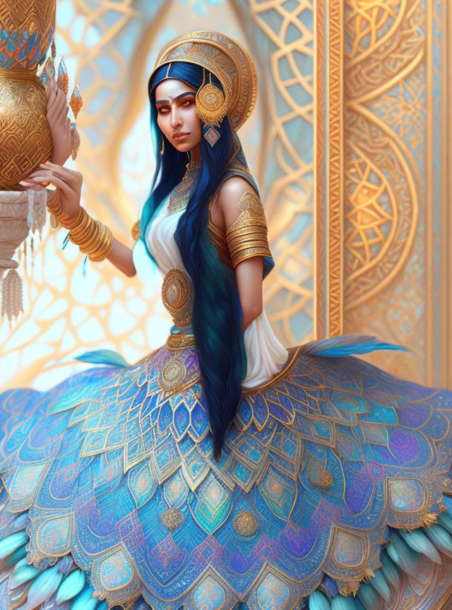 Woman in ornate peacock-themed costume with blue feathers and golden armbands.