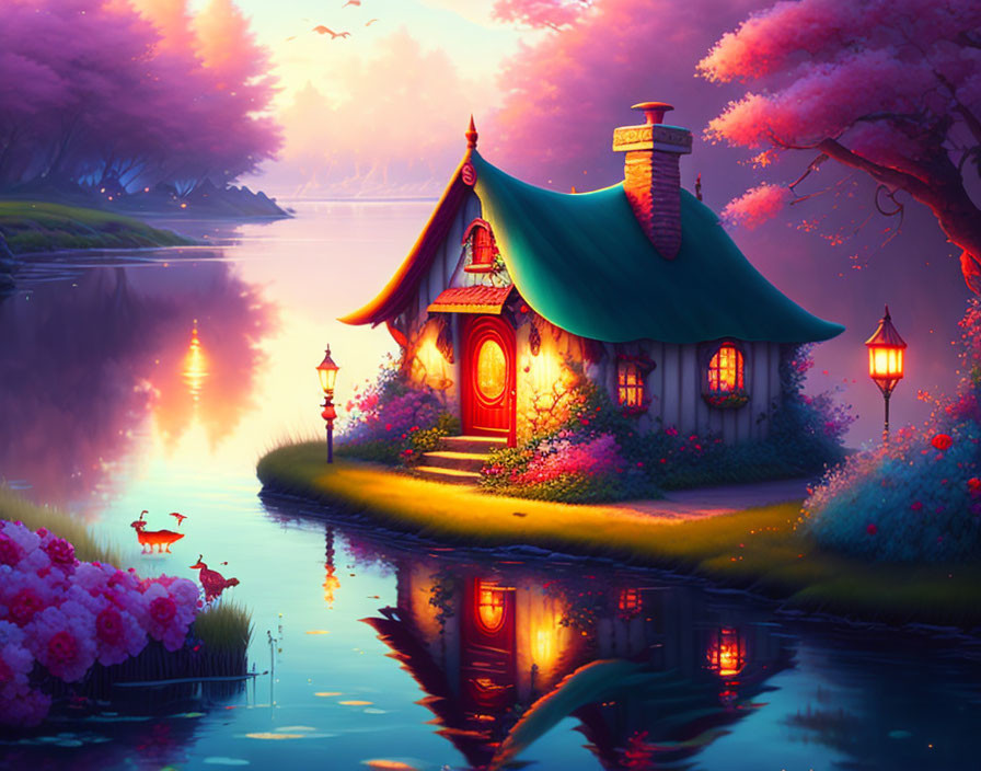 Serene lake cottage with green roof, pink trees, and twilight sky