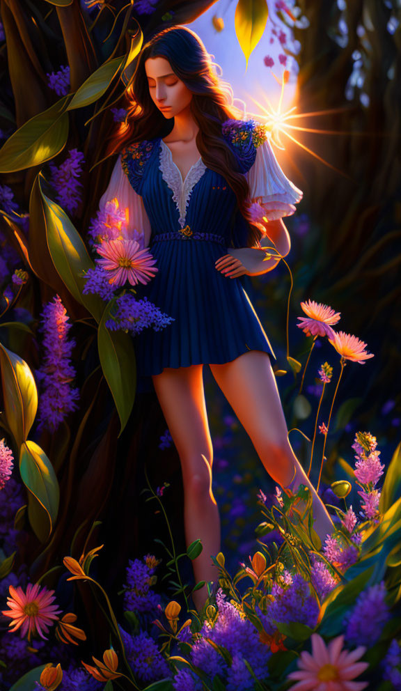 Woman in Blue Dress Surrounded by Purple Flowers in Sunlit Forest