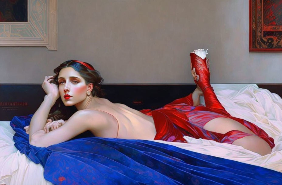 Woman reclining on bed in red headband and boots, draped in blue cloth