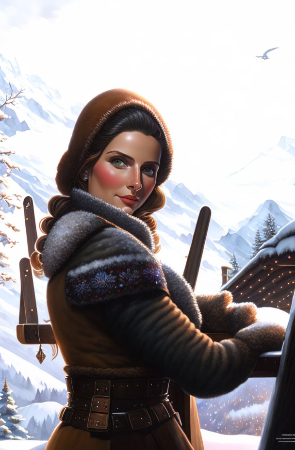 Digital illustration of woman in vintage winter outfit on skis