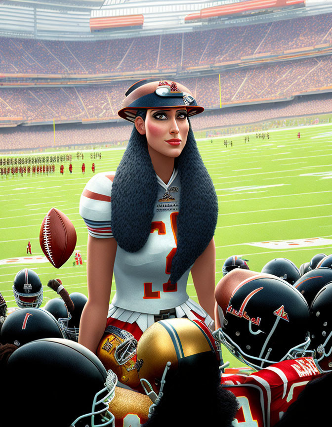 Stylized female character in football-themed outfit with stadium backdrop