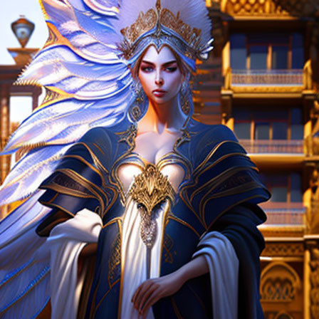 Majestic female character in blue and gold robe with feathered headdress