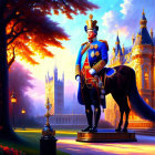 Regal figure in military attire on horseback near lavish estate with orange-hued sky