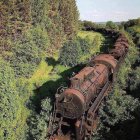 Ornate steam train on rail bridge in vibrant autumn forest