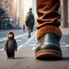 Furry orangutan-like creature walks on city sidewalk