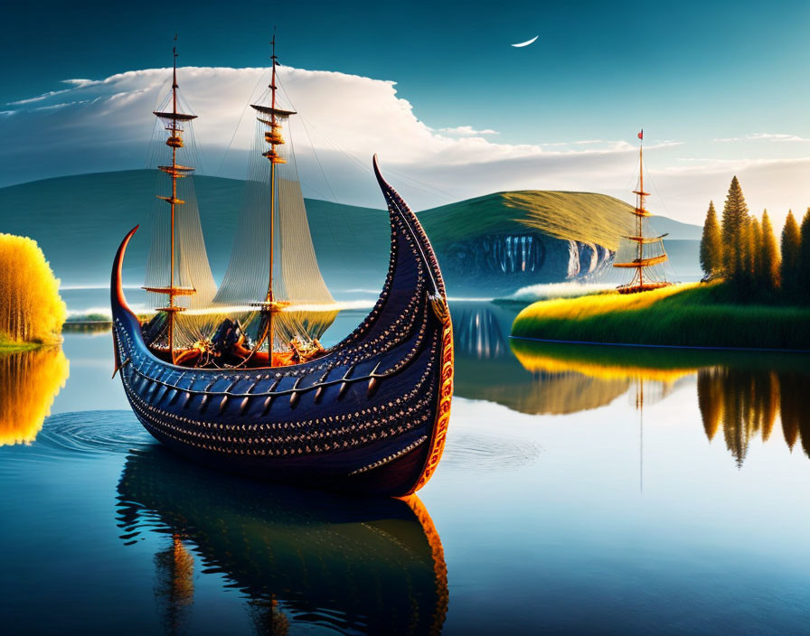 Fantasy landscape with ships on calm waters at twilight