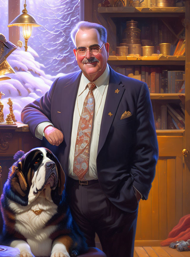 Smiling man in suit with Saint Bernard dog in cozy room