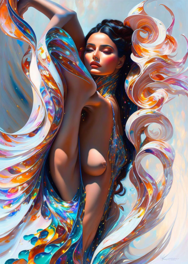 Colorful artwork of a woman with flowing paint-like tendrils on light backdrop