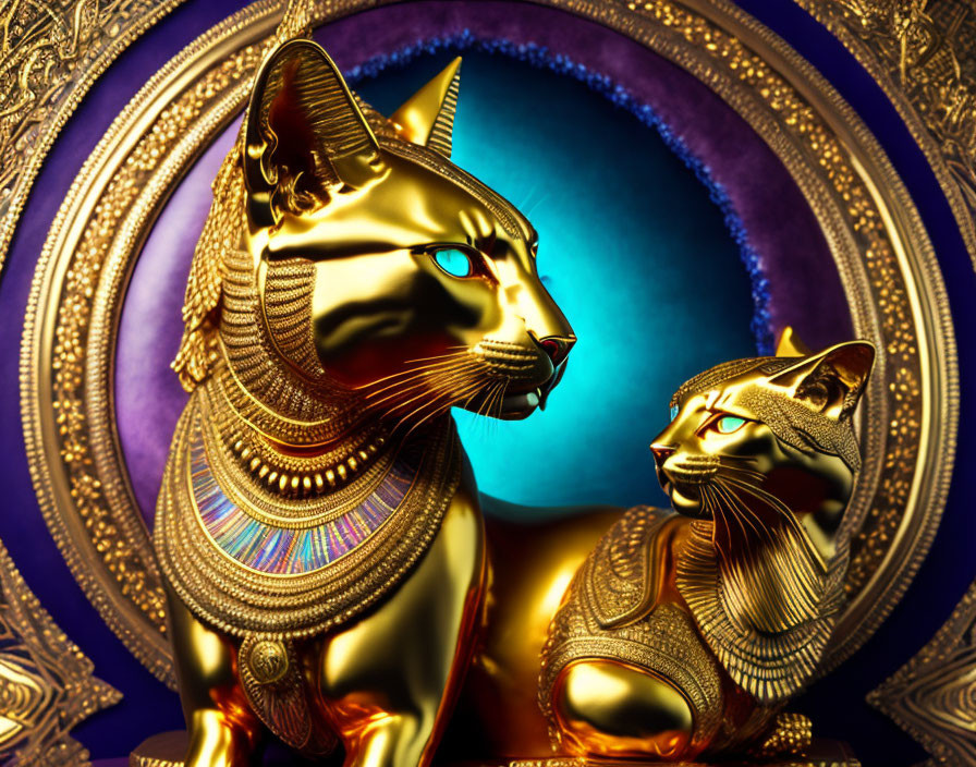 Ornate Egyptian cat statues with gold headdresses on blue halo background