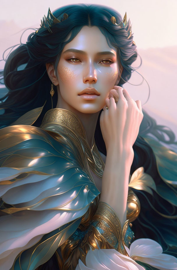 Fantasy female digital art portrait with golden armor, crown, black wavy hair.