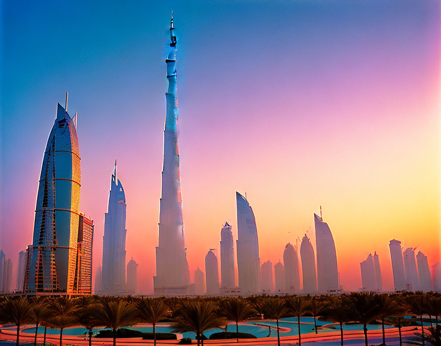 Dubai skyline silhouette with Burj Khalifa at sunset in purple and orange hues