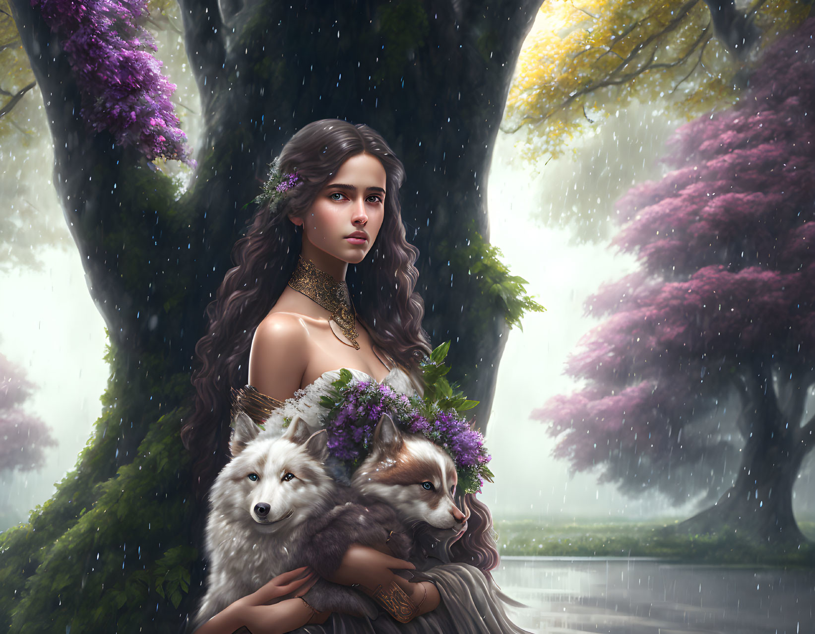 Young woman with wolves in misty forest - Enchanted scene with floral wreath