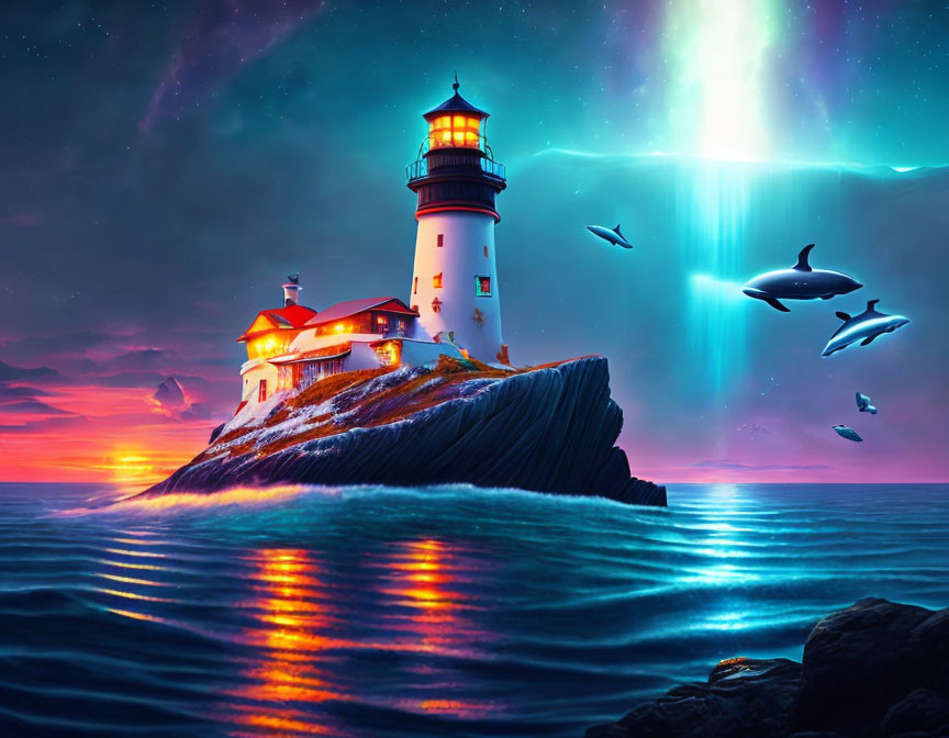 Surreal sunset scene: lighthouse, aurora borealis, flying whales