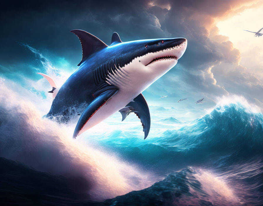 Giant Shark Jumping Out of Turbulent Ocean