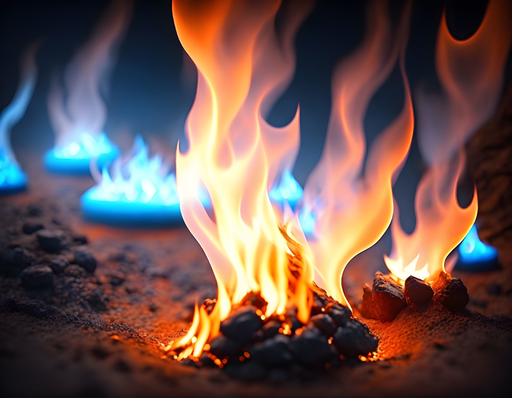 Orange and Blue Flames Burning on Dark Background