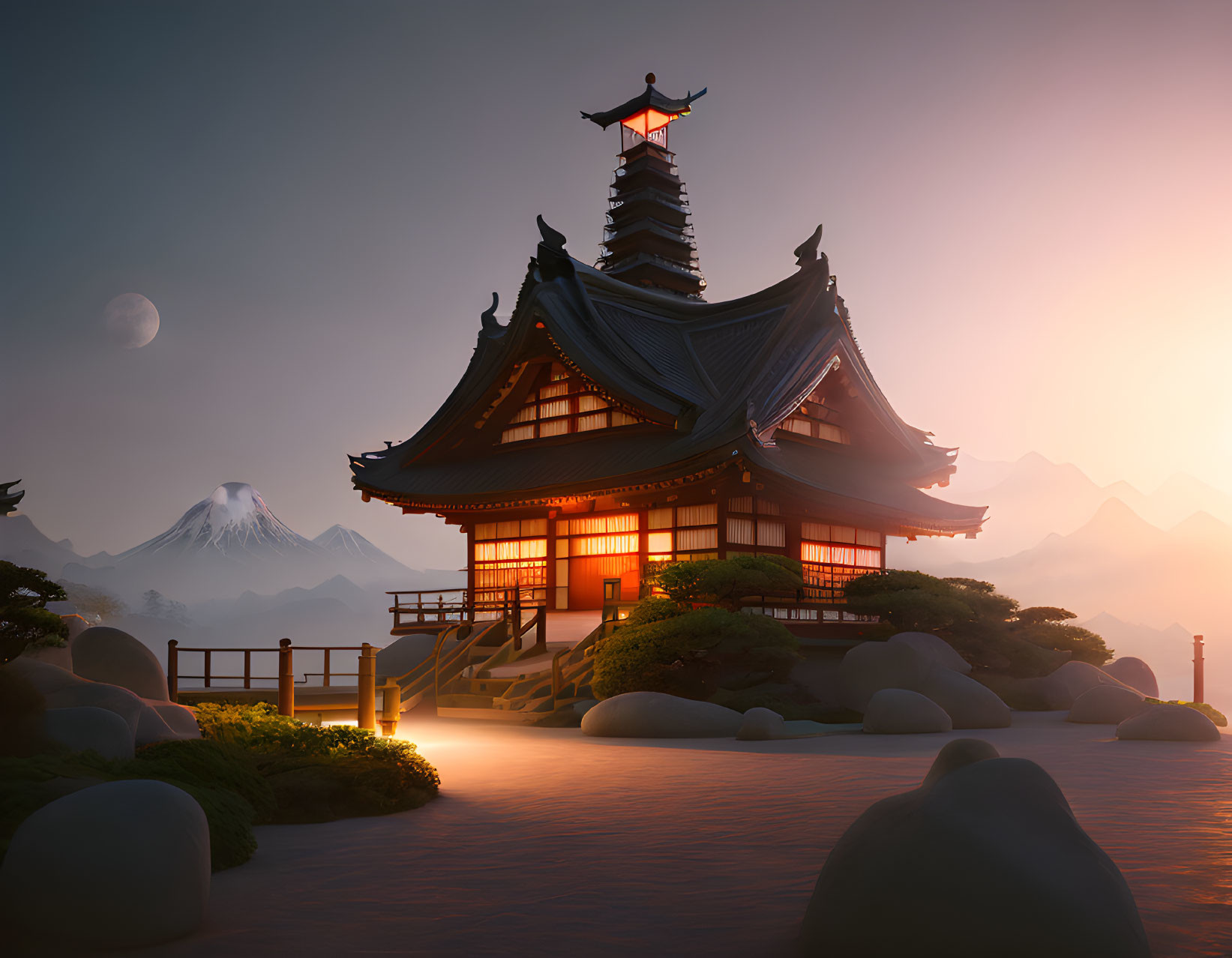 Traditional Japanese Pagoda by Still Pond at Sunset