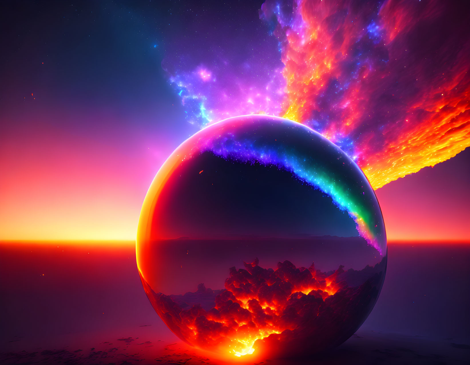 Vibrant cosmic scene with reflective sphere and fiery horizon.