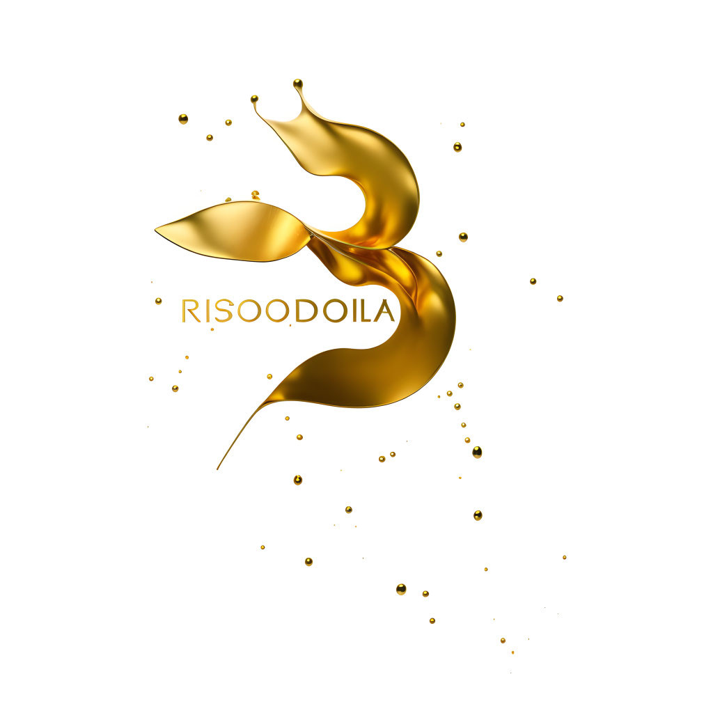 Abstract golden swan splash with suspended droplets and "RISOODOLIA" word.