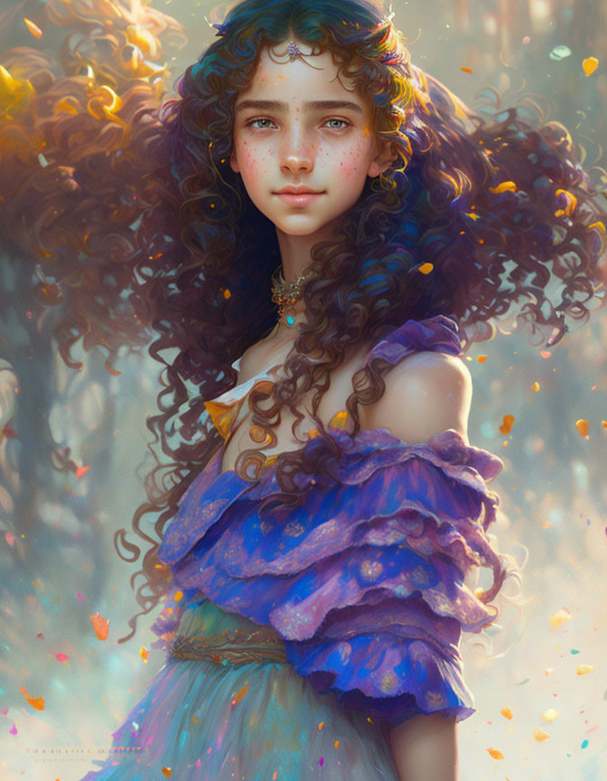 Young girl with curly hair and freckles in colorful attire, surrounded by lights and petals