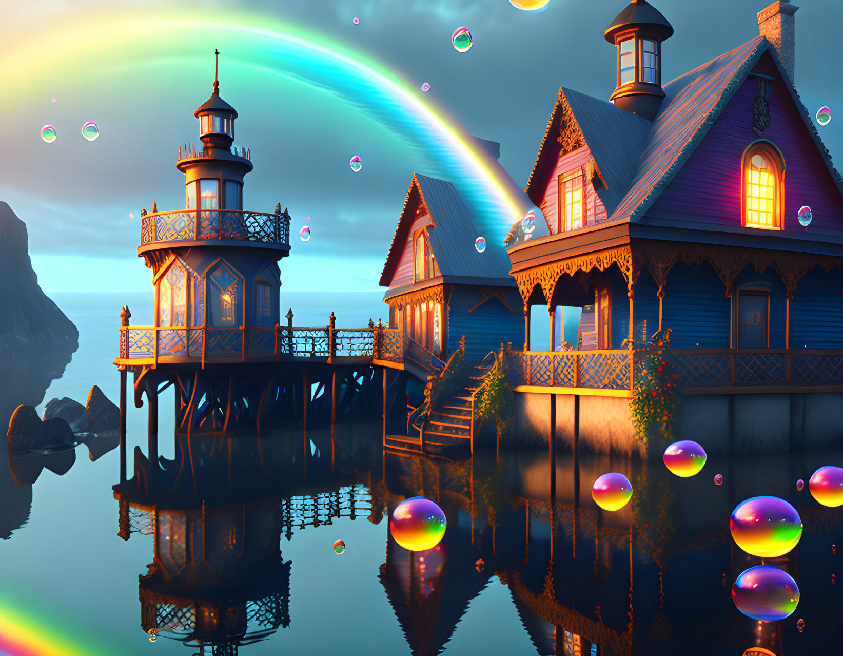 Blue wooden house, ornate lighthouse, and rainbow sky coastal scene.