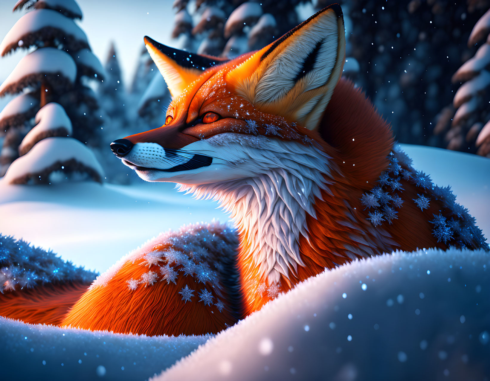 Detailed Fox Illustration in Snowy Forest