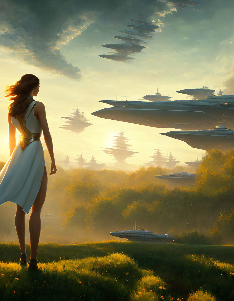 Woman in white dress admiring futuristic airships in sunlit field