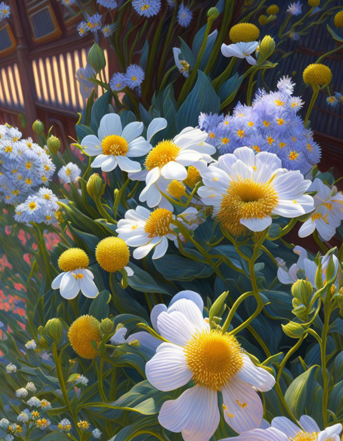 Lush garden scene with white and yellow flowers