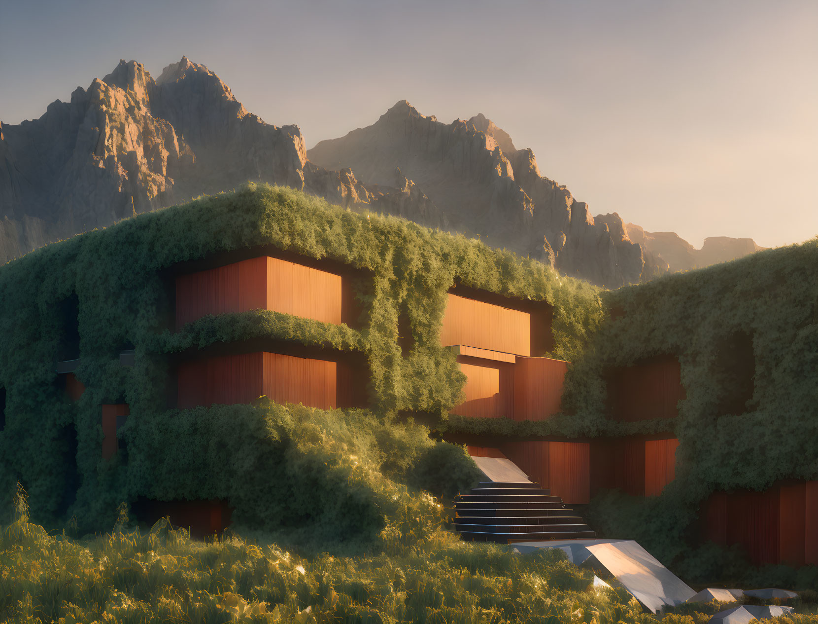 Modern building with wooden panels nestled in lush greenery and mountains at sunrise