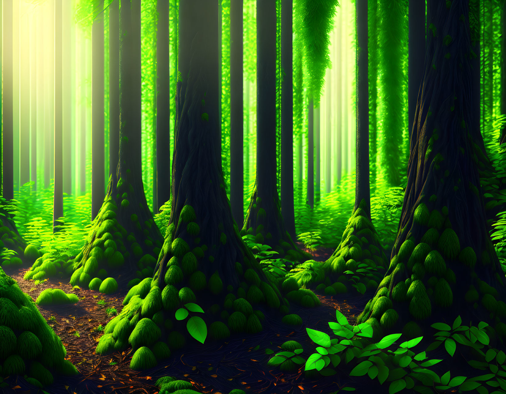 Moss-covered trees in lush green forest under soft sunlight