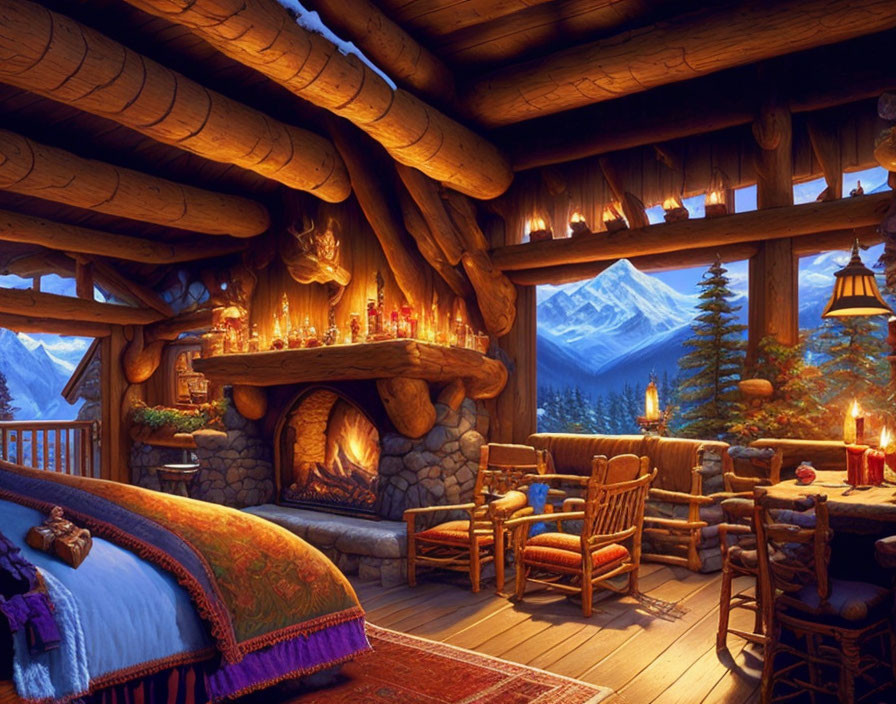 Rustic cabin interior with fireplace, candles, snowy mountain view