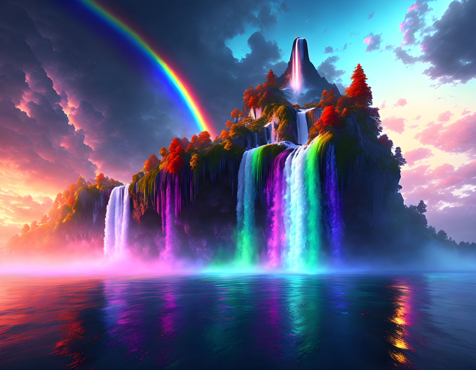 Majestic waterfall landscape with rainbow and vivid colors