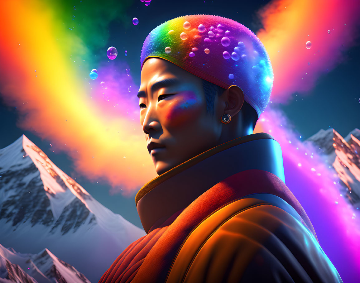 Digital artwork: Person with water beads, aurora lights, snowy mountains in twilight