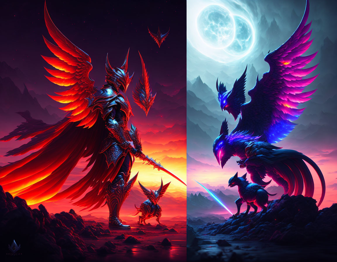 Split fantasy scene: warrior with fiery wings & spear on left, creature with luminescent wings &