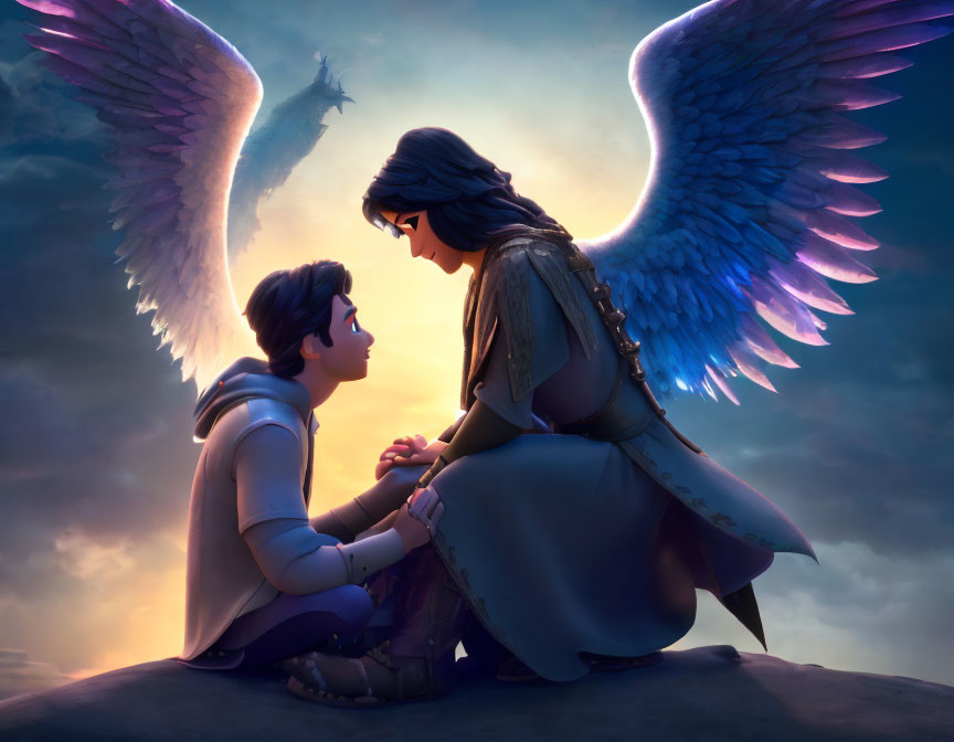 Animated winged characters share tender moment at dusk with flying creature and floating island.