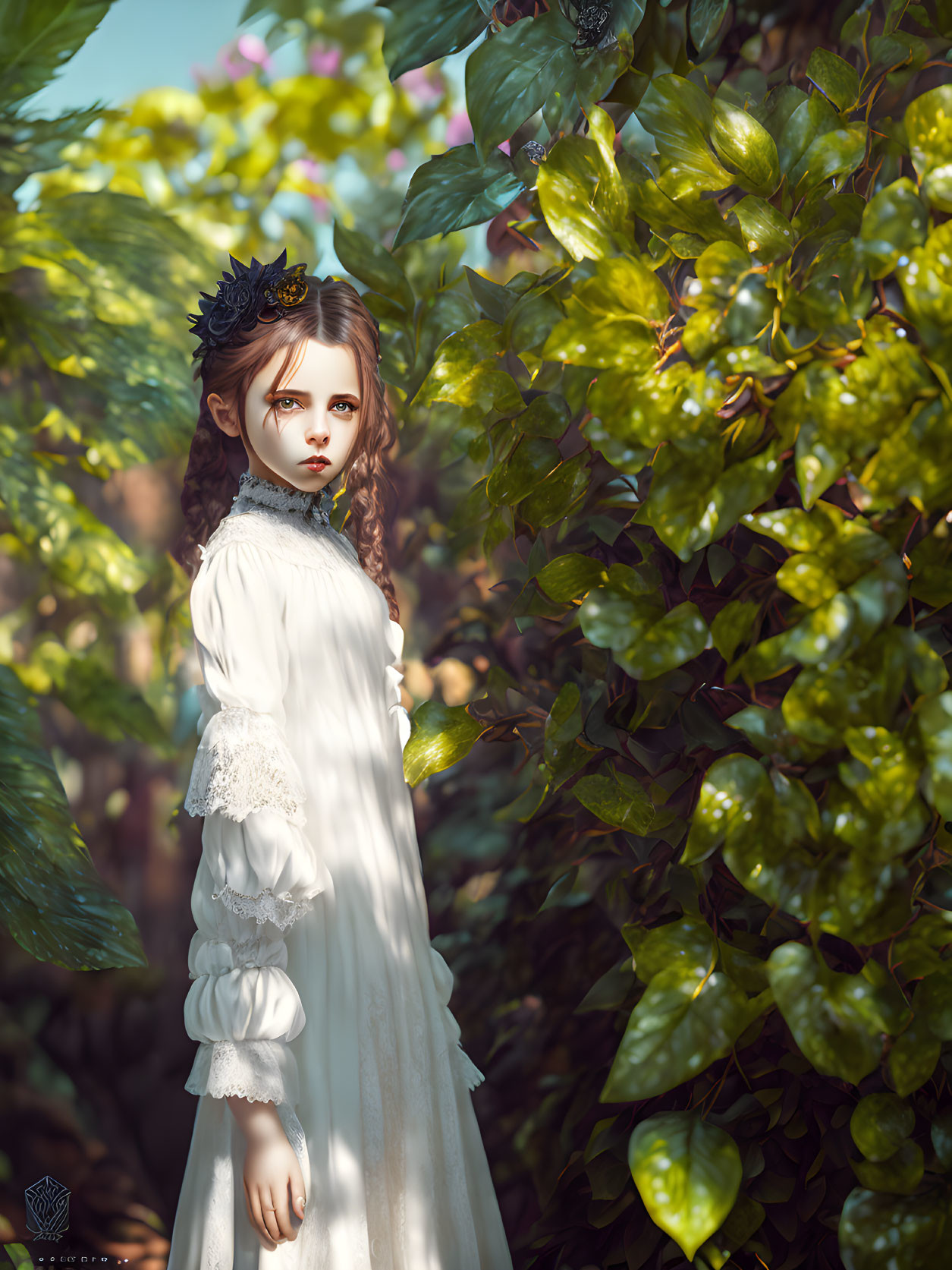 Young girl in vintage white dress with lace details among lush green foliage and dark crown in wavy brown