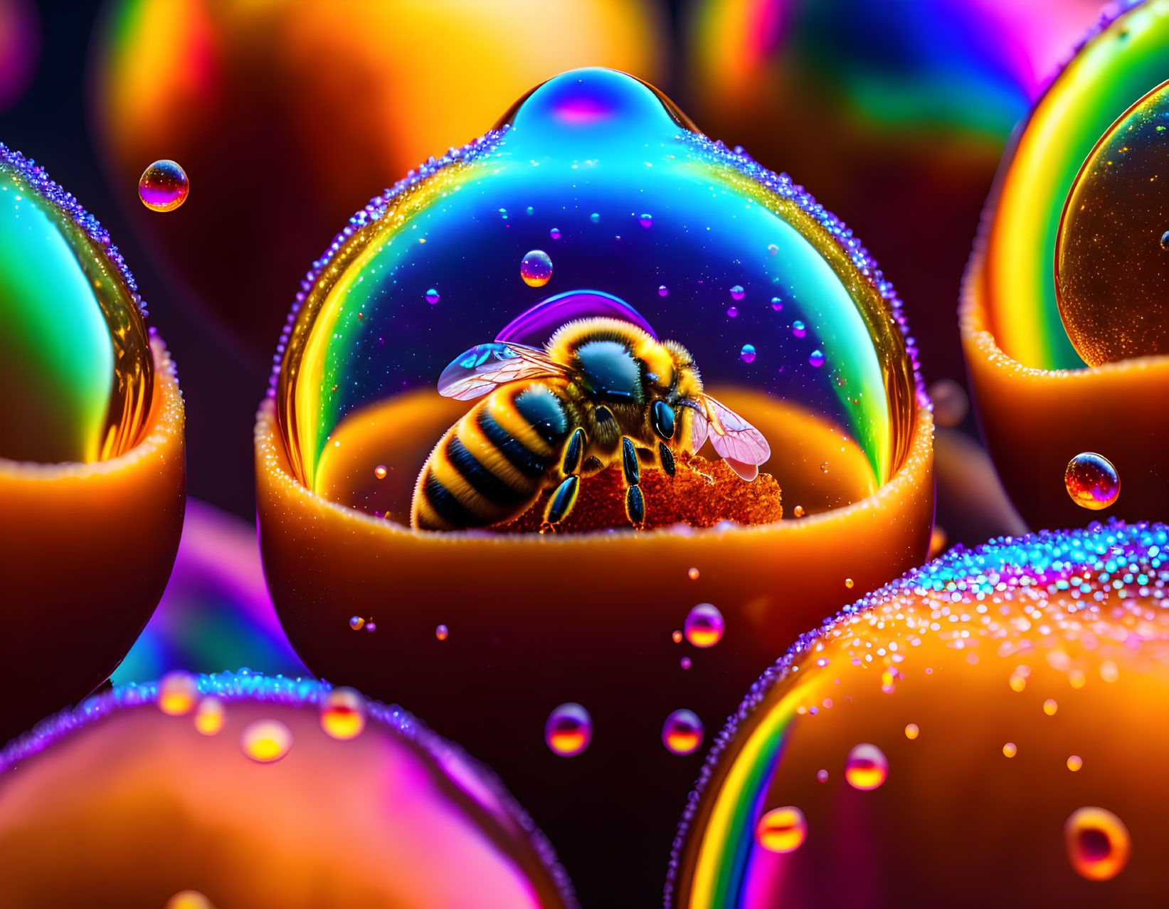 Colorful Bee on Iridescent Bubble Surface