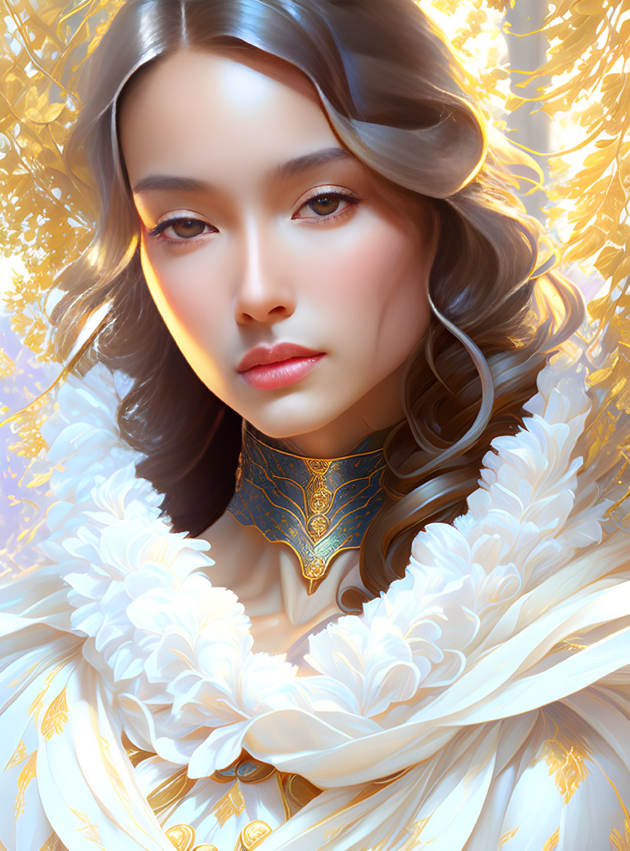 Digital portrait of woman with wavy hair in golden accessories and feathered outfit