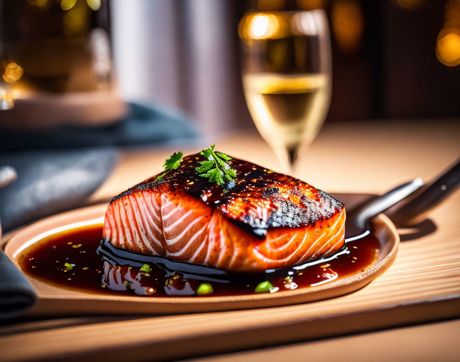 Grilled Salmon Fillet with Glaze and Herbs Served with White Wine