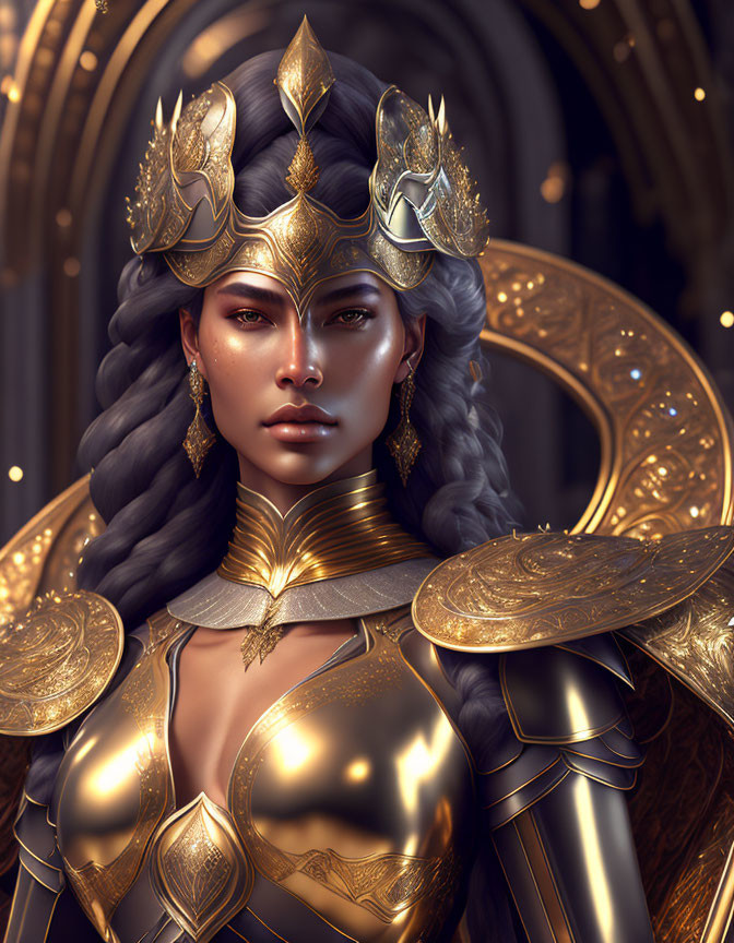 Warrior woman digital artwork with golden armor and winged helmet