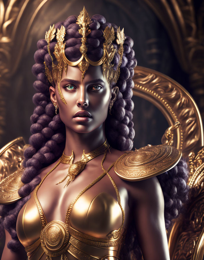 Regal female figure in golden armor and headdress with green eyes and purple hair.