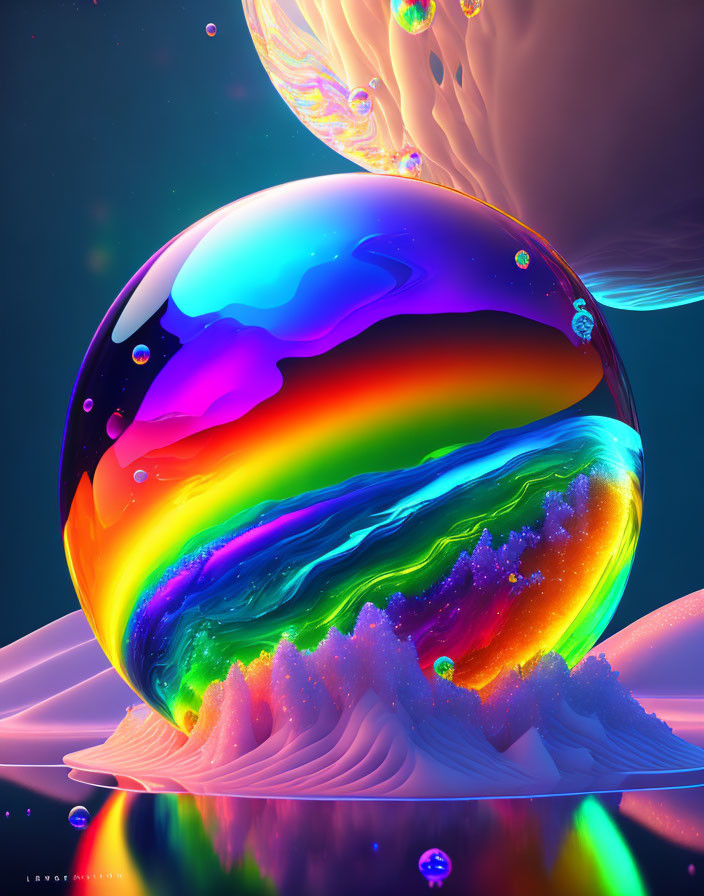 Colorful soap bubbles on surreal landscapes with rich colors.