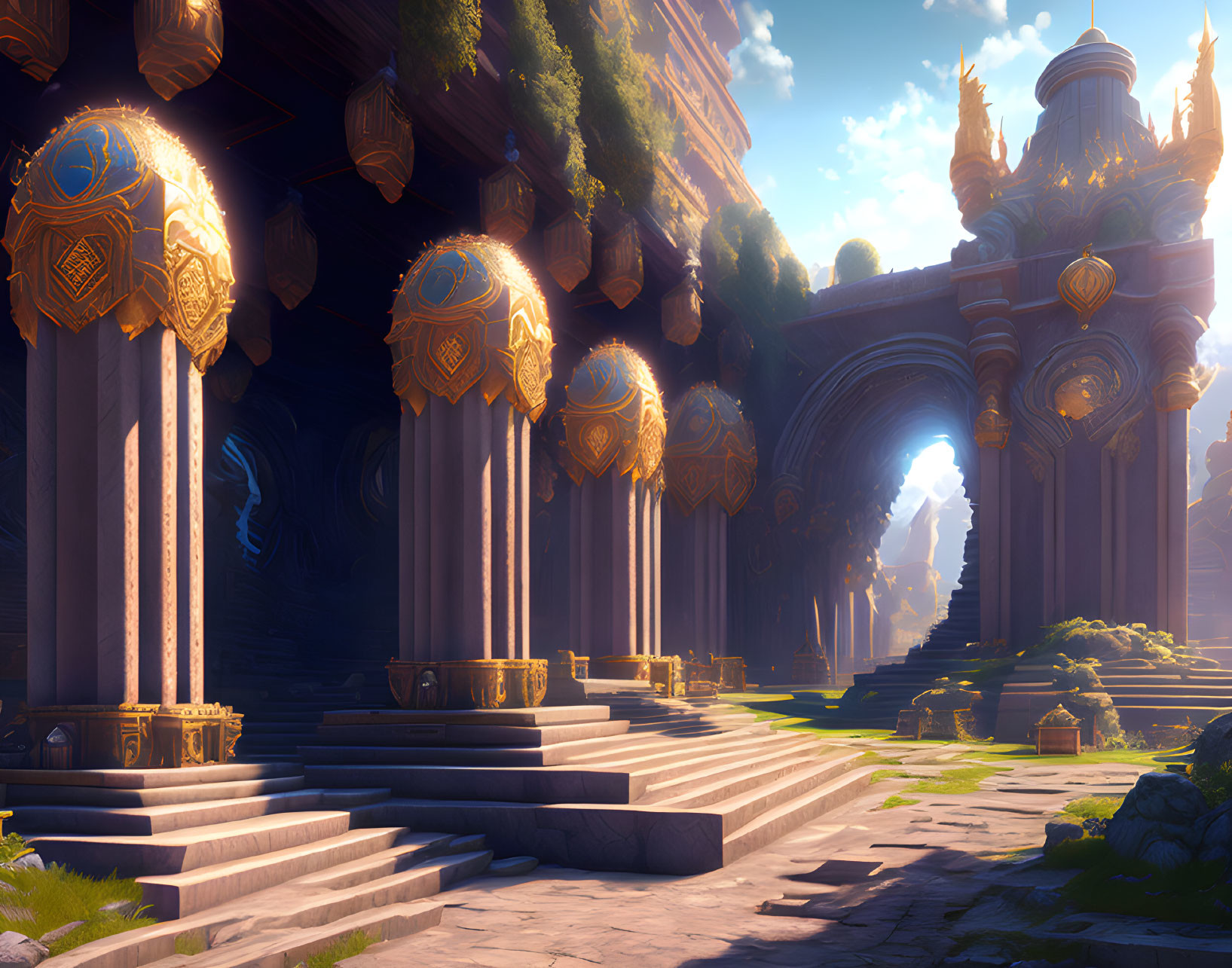 Fantastical sunlit temple with golden spheres, stone pillars, archways, and greenery