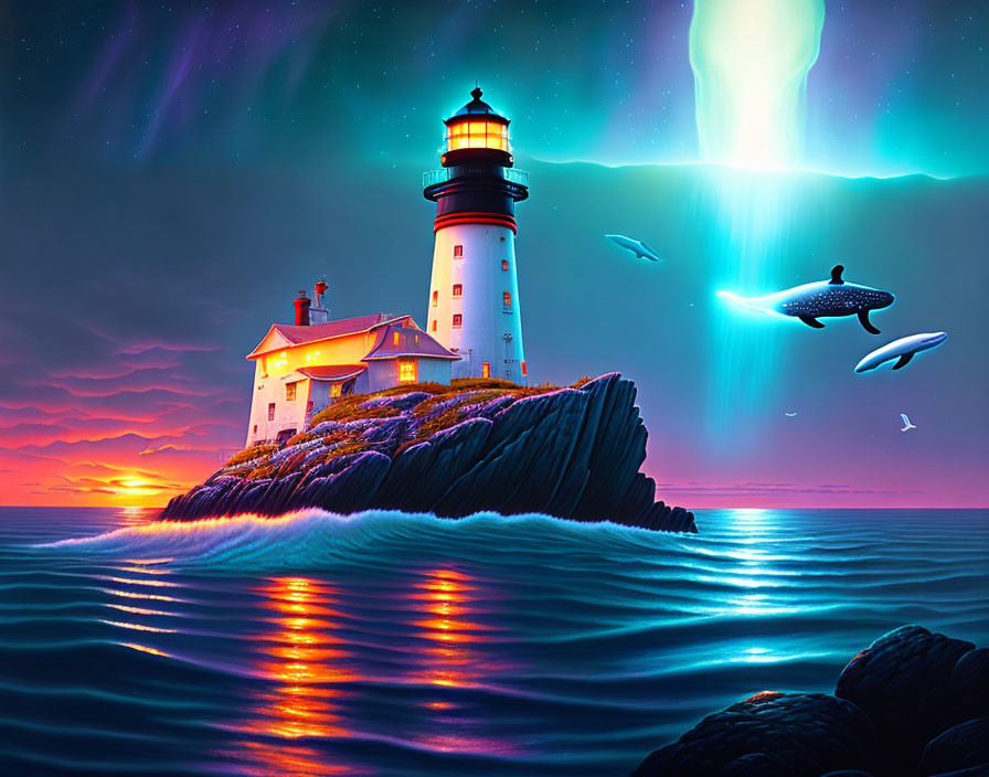 Lighthouse on cliff at sunset with aurora borealis and UFOs