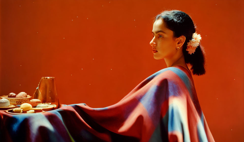 Colorful Shawl-Wearing Woman with Food and Goblet on Table