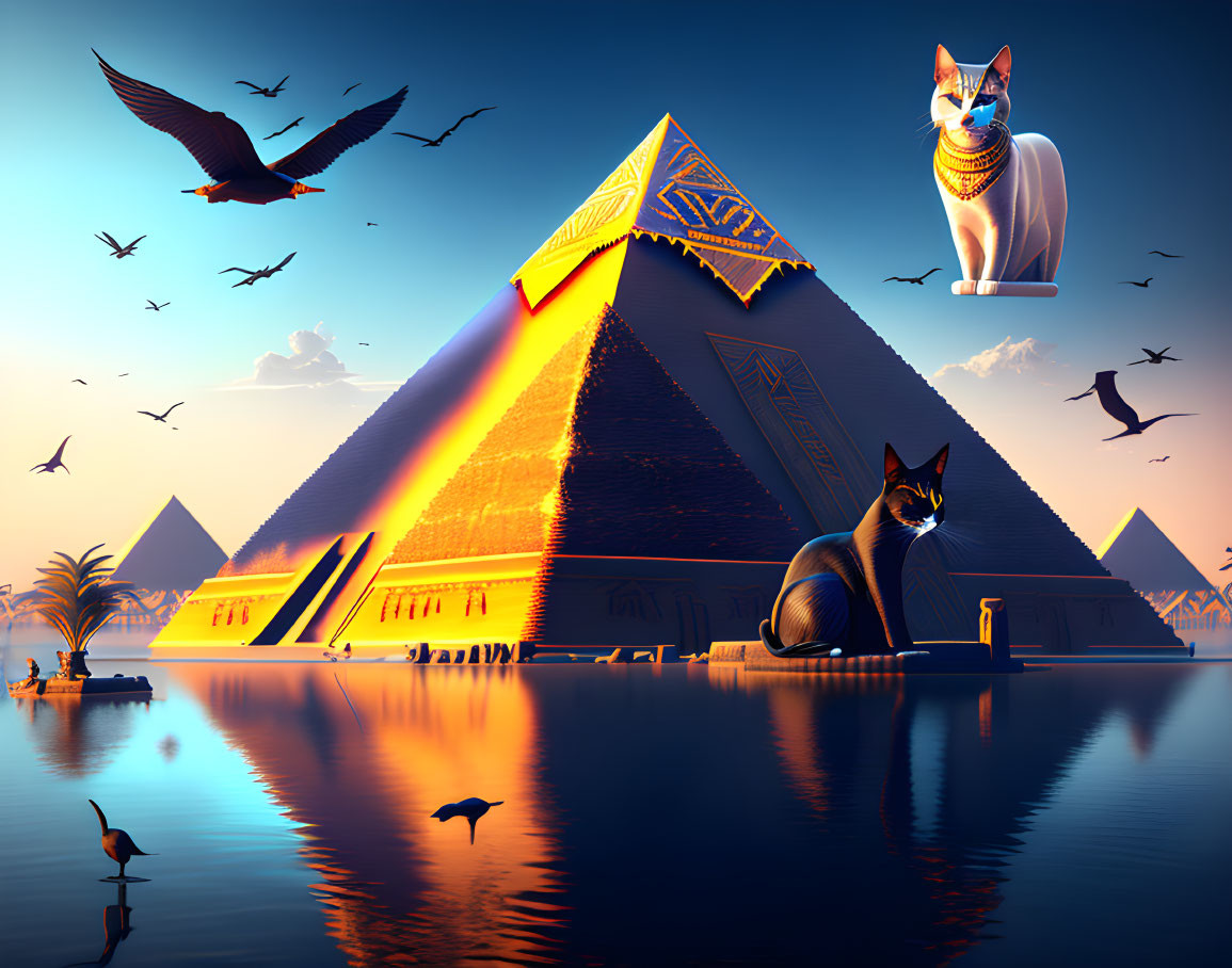 Surreal sunset landscape: Great Pyramid and Sphinx as giant cats with birds by water